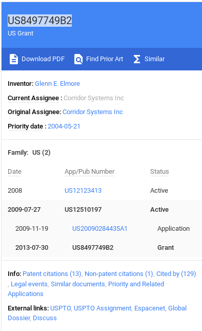 Patent diagram for US8497749B2 detailing inventor and assignee information